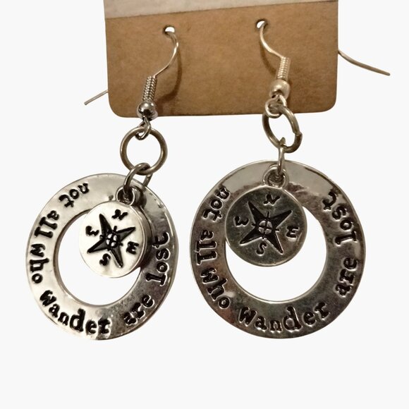 Not All Who Wander Are Lost Earrings Compass Dangle Silver Tone - Picture 4 of 5